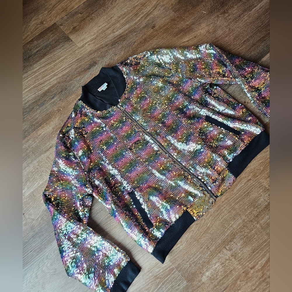 LULAROE ELEGANT STEVIE BOMBER JACKET size XL Rainbow Sequins Zipper Pocket - Picture 2 of 10